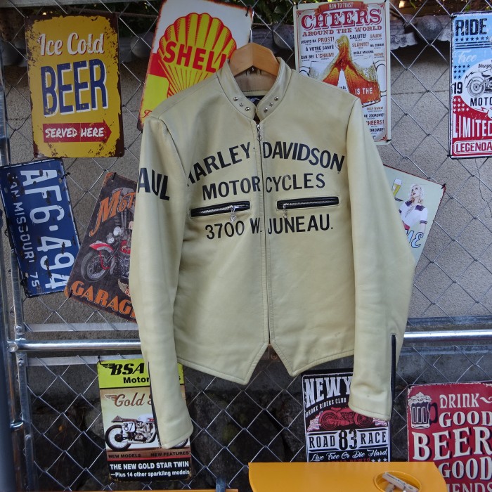 ハーレーダビッドソン レザージャケット M ベージュ ノーカラー 胸プリント 9067 | Vintage.City 古着屋、古着コーデ情報を発信