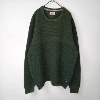 ヒルフィガーデニム　コットンニット　セーター　ワッフル　刺繍　オリーブ　XL | Vintage.City 古着屋、古着コーデ情報を発信