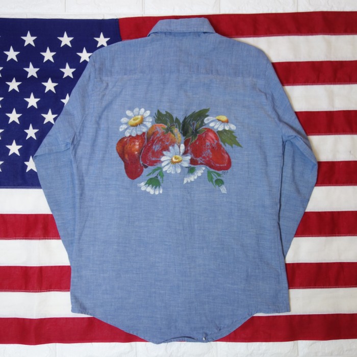 70's BIG MAC JC Penny Chambray Shirt  Art Paint Design  Strawberry ビッグマック シャンブレーシャツ イチゴ アート プリントデザイン | Vintage.City 빈티지숍, 빈티지 코디 정보