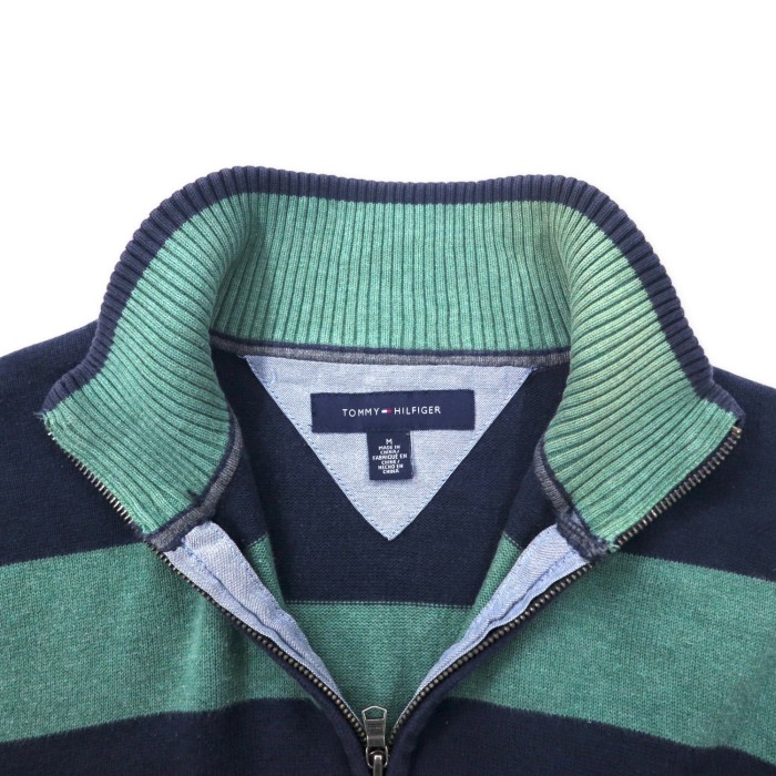 TOMMY HILFIGER ハーフジップ ボーダー ニット セーター M ネイビー グリーン コットン ワンポイントロゴ刺繍 | Vintage.City 古着屋、古着コーデ情報を発信