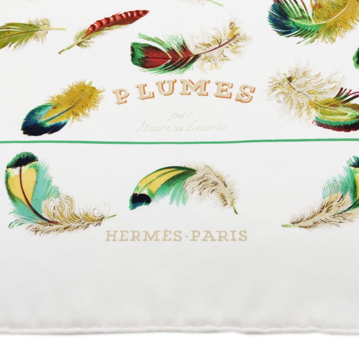 HERMES エルメス スカーフ カレ90 『PLUMES(羽根)』 シルク ホワイト マルチカラー | Vintage.City 빈티지숍, 빈티지 코디 정보