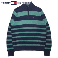 TOMMY HILFIGER ハーフジップ ボーダー ニット セーター M ネイビー グリーン コットン ワンポイントロゴ刺繍 | Vintage.City 古着屋、古着コーデ情報を発信