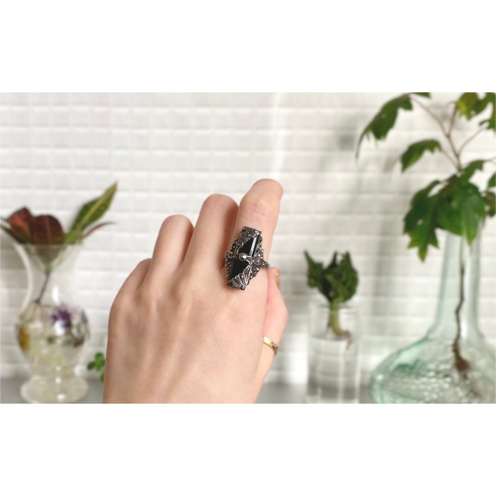 Vintage 70〜80s USA silver 925 onyx × marcasite classical ring ...