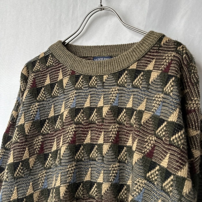 90s 総柄 アクリルニット セーター 幾何学模様 Mサイズ 古着 | Vintage