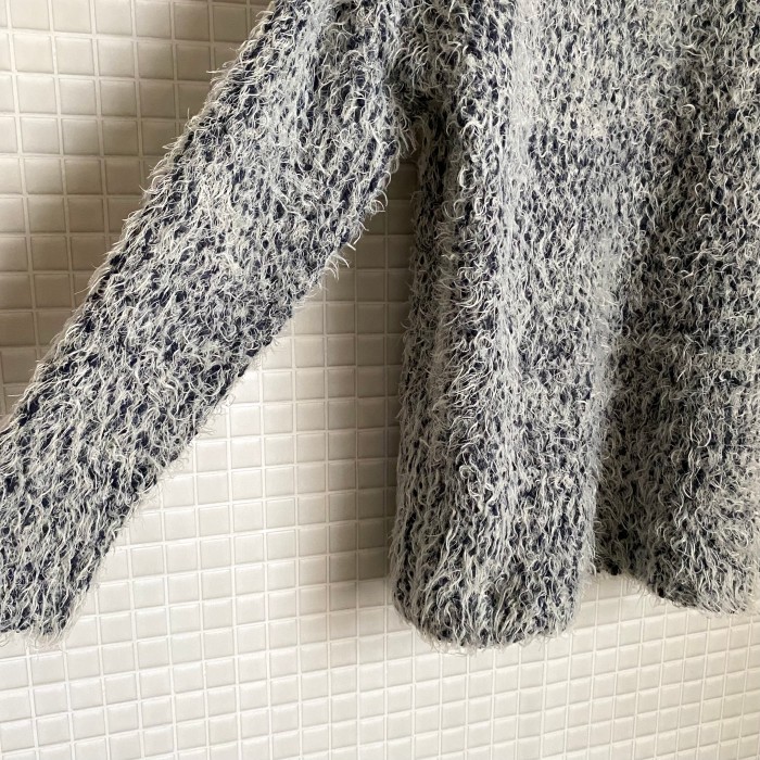 Used Euro retro white×dark navy fluffy knit sweater レトロ