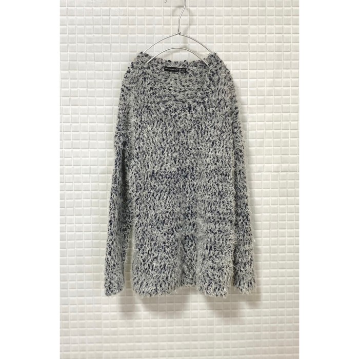 Used Euro retro white×dark navy fluffy knit sweater レトロ