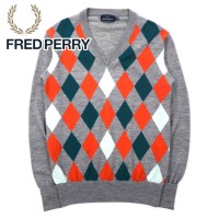 FRED PERRY Vネック アーガイルニット セーター M グレー ウール ワンポイントロゴ刺繍 F3004 | Vintage.City 古着屋、古着コーデ情報を発信