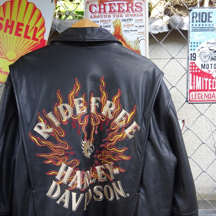 ハーレーダビッドソン ライダースジャケット ブラック 刺繍 袖ロゴ レザー 黒 9365 | Vintage.City 빈티지숍, 빈티지 코디 정보
