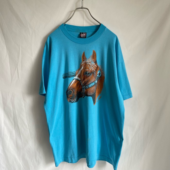 90s 馬 アニマルTシャツ 古着 水色 ライトブルー 動物 USA製 | Vintage