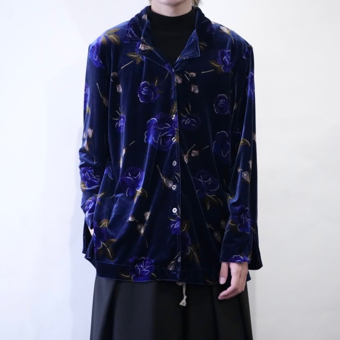 glossy blue purple flower motif shirt ベロアシャツ 花柄 モード 