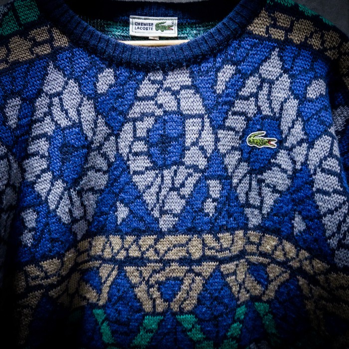 ”鰐戯幾何” 90s CHEMISE LACOSTE Special Design Blue diamond pattern knit | Vintage.City 古着屋、古着コーデ情報を発信