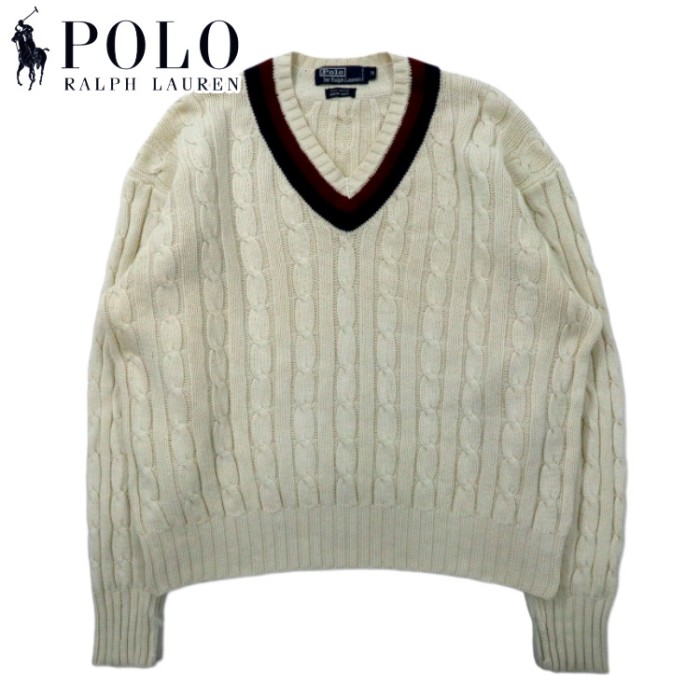 Polo by Ralph Lauren Vネック チルデンニット セーター M ホワイト コットン HAND KNIT ケーブル編み | Vintage.City 古着屋、古着コーデ情報を発信