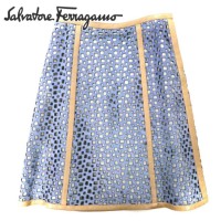 Salvatore Ferragamo パンチング レザースカート 38 ブルー ベージュ シルク オールド イタリア製 | Vintage.City 古着屋、古着コーデ情報を発信