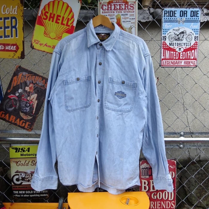 ハーレーダビッドソン デニムシャツ XL ブルー 胸ポケット 刺繍ロゴ 長袖 青 9585 | Vintage.City 빈티지숍, 빈티지 코디 정보
