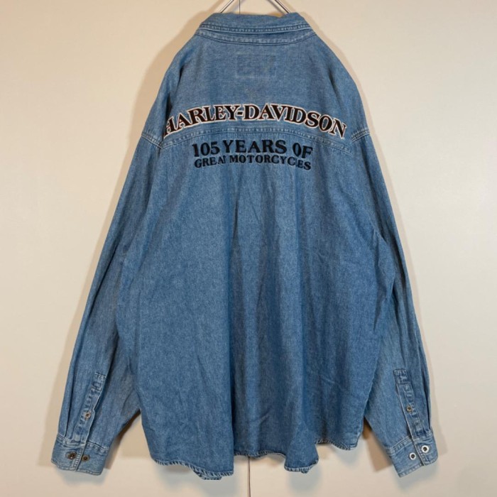 Harley-Davidson logo denim shirt size 2XL 配送C  ハーレーダビッドソン　ビッグ刺繍ロゴ　デニムシャツ | Vintage.City 古着屋、古着コーデ情報を発信