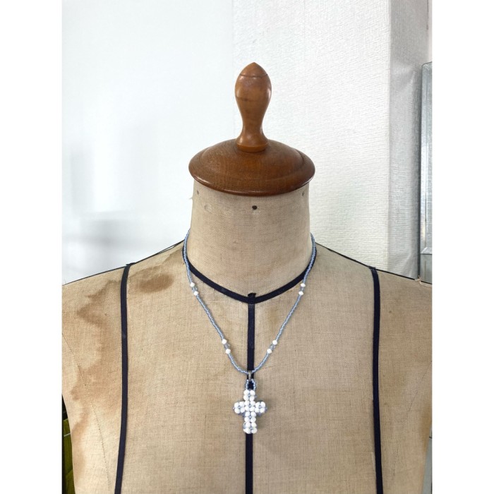necklace / ビーズネックレス 十字架 白 水色 #130 | Vintage.City 빈티지숍, 빈티지 코디 정보