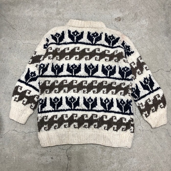 REY WEAR/Ecuador Knit Sweater/XL相当/エクアドルニット/ウェーブ柄/セーター/総柄/ホワイト/ネイビー/グレー/古着/ヴィンテージ | Vintage.City 古着屋、古着コーデ情報を発信