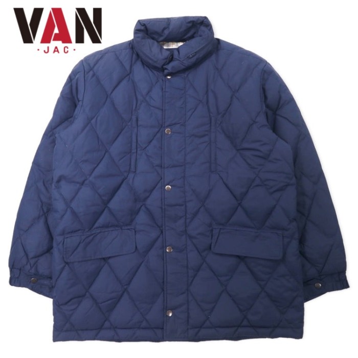 VAN -JAC- キルティング ダウンジャケット LL ネイビー ナイロン 裏地チェック フード収納式 | Vintage.City 古着屋、古着コーデ情報を発信