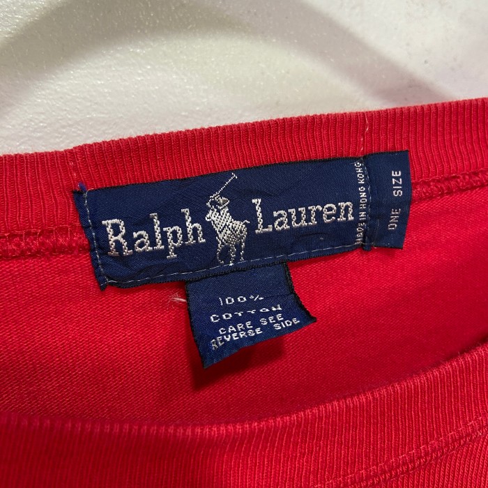 90s RalphLauren ワンポイントロゴロンT 袖口ボーダー 赤 L相当
