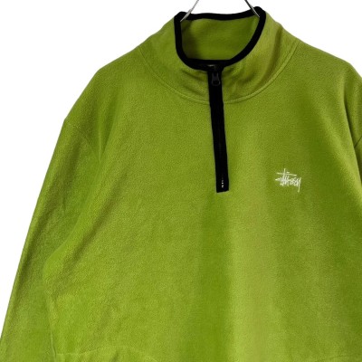 蛍光グリーン【人気グリーン、ハーフジップ】stussyフリーススウェット刺繍ロゴ緑XL
