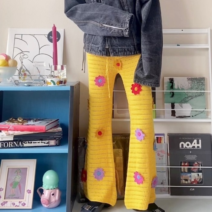 yellow knit flowers pants | Vintage.City 古着屋、古着コーデ情報を発信
