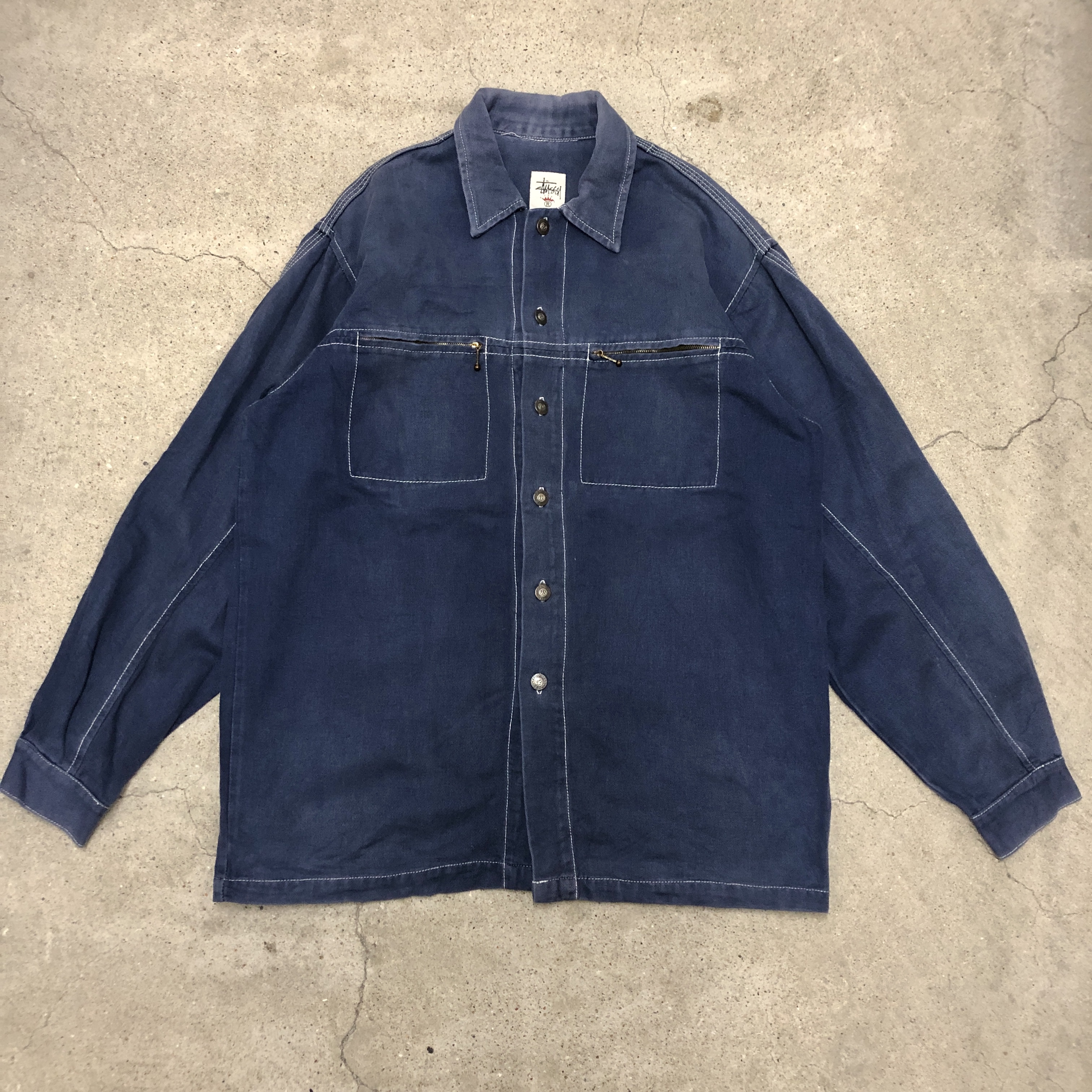90s OLD STUSSY/KING SIZE/Coverall/白タグ/M/カバーオール/シャツ 