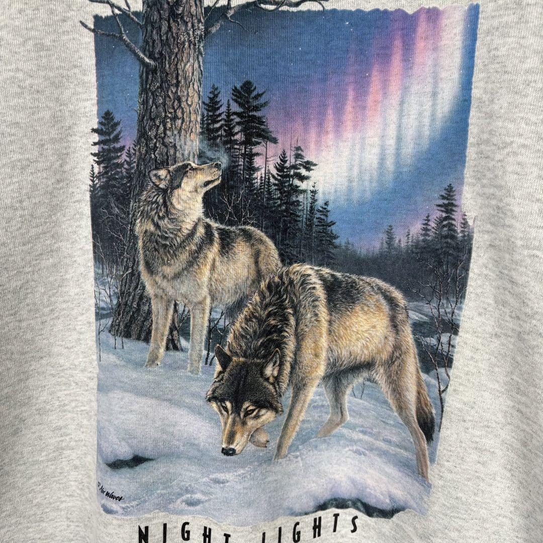 90s アニマル 狼 オオカミ ウルフ オーロラ スウェット XL S2602