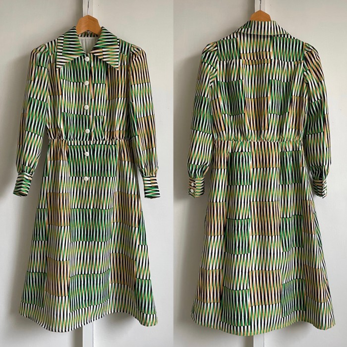 psychedelic geometric pattern dress〈レトロ古着 サイケデリック 幾何学模様 ワンピース サイケ柄 緑〉 | Vintage.City Vintage Shops, Vintage Fashion Trends
