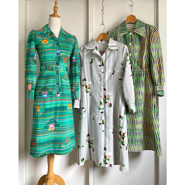 block geometric pattern dress〈レトロ古着 ブロック 幾何学模様 ワンピース 白 緑〉 | Vintage.City 古着屋、古着コーデ情報を発信