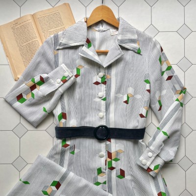 block geometric pattern dress〈レトロ古着 ブロック 幾何学模様 ワンピース 白 緑〉 | Vintage.City 빈티지숍, 빈티지 코디 정보
