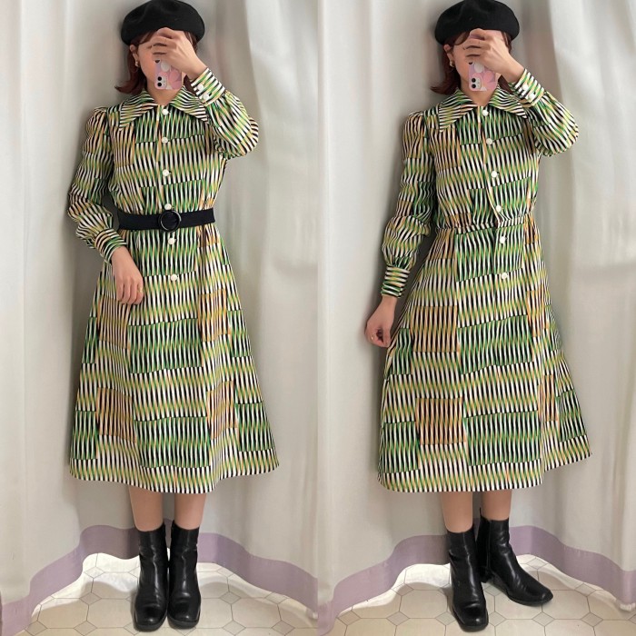 psychedelic geometric pattern dress〈レトロ古着 サイケデリック 幾何学模様 ワンピース サイケ柄 緑〉 | Vintage.City Vintage Shops, Vintage Fashion Trends