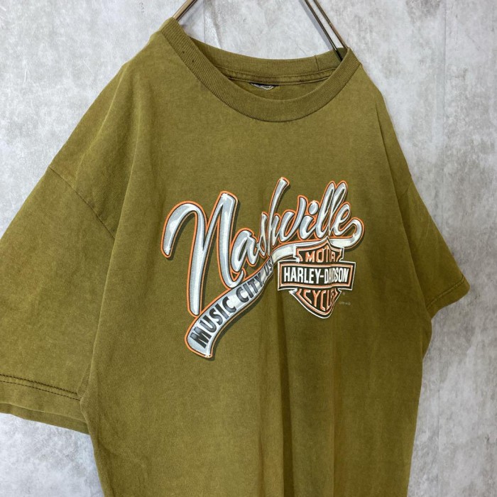 HARLEY DAVIDSON Boswell's print T-shirt size L相当　配送A ハーレーダビッドソン　両面プリントロゴ　カーキ　プリントTシャツ | Vintage.City 古着屋、古着コーデ情報を発信