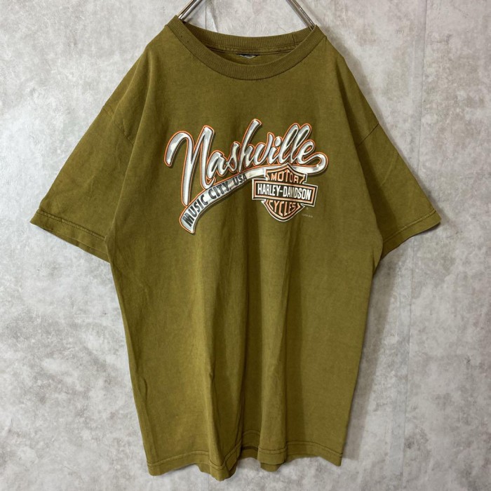 HARLEY DAVIDSON Boswell's print T-shirt size L相当　配送A ハーレーダビッドソン　両面プリントロゴ　カーキ　プリントTシャツ | Vintage.City 古着屋、古着コーデ情報を発信