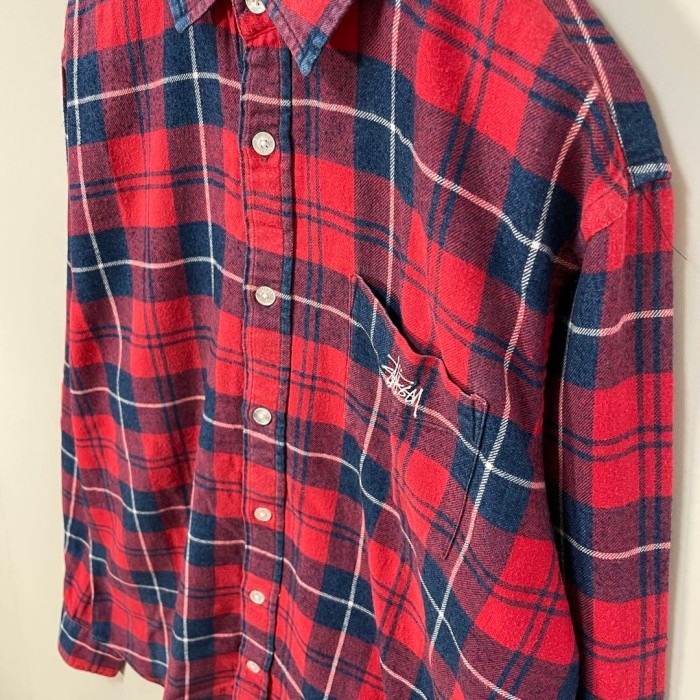 STUSSY flannel check shirt size M 配送C　ステューシー　フランネルチェックシャツ　刺繍ロゴ | Vintage.City 빈티지숍, 빈티지 코디 정보