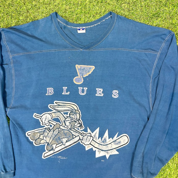 【Men's】80s-90s NHL St. Louis Blues ロングスリーブ V ネック ボロ Tシャツ / Vintage ヴィンテージ 古着 T-Shirts ティーシャツ 鼠色 | Vintage.City 빈티지숍, 빈티지 코디 정보