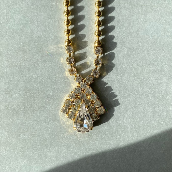 Vintage 80s FRANCE crystal bijou drop ball chain necklace フランス ヴィンテージ アクセサリー クリスタル ビジュー ドロップ ゴールド ボールチェーン ネックレス | Vintage.City 빈티지숍, 빈티지 코디 정보