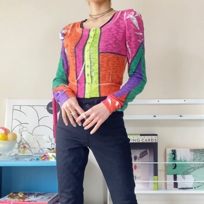 neon colors puff sleeves cardigan | Vintage.City 빈티지숍, 빈티지 코디 정보