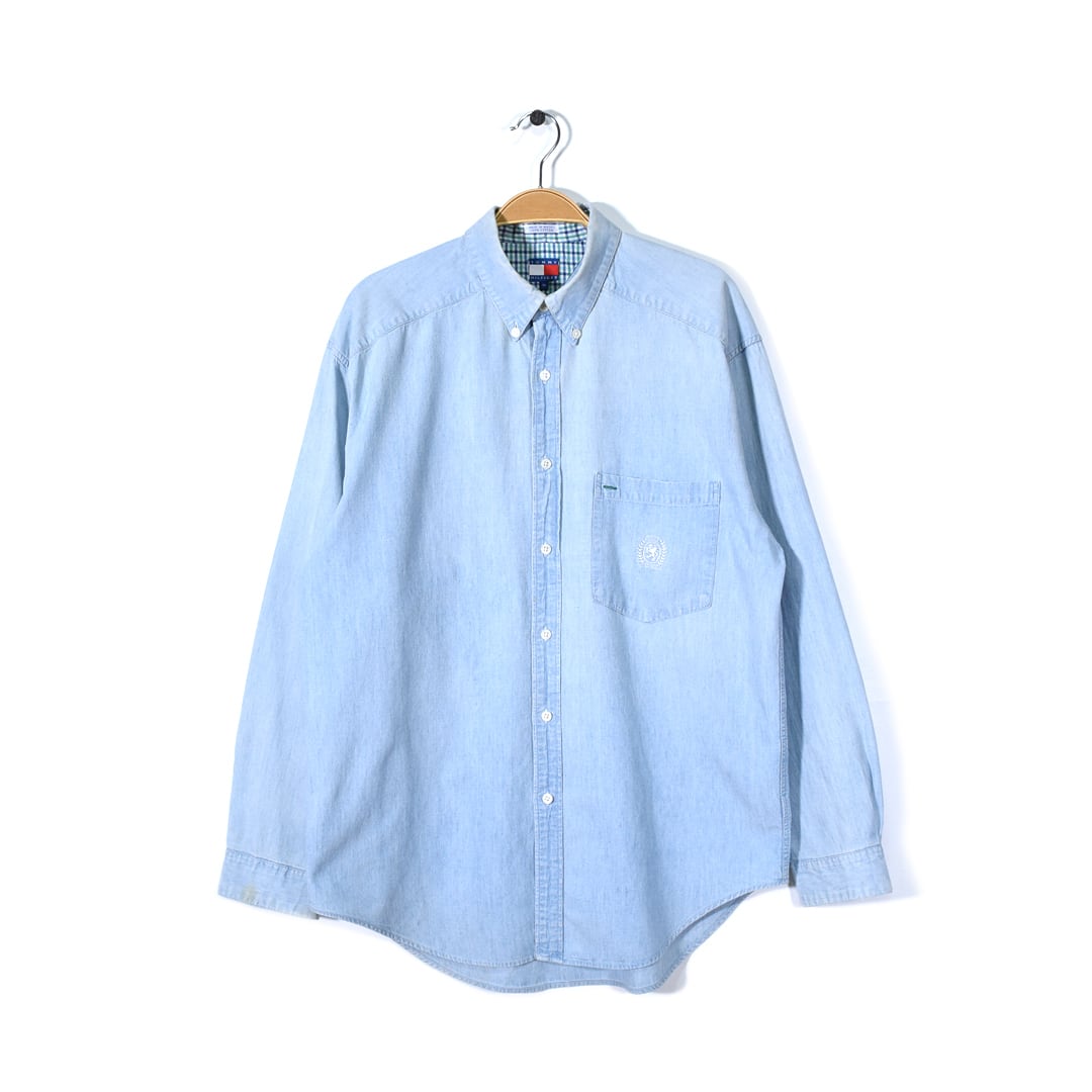 90s トミーヒルフィガー シャンブレーシャツ ワンポイントロゴ ボタン