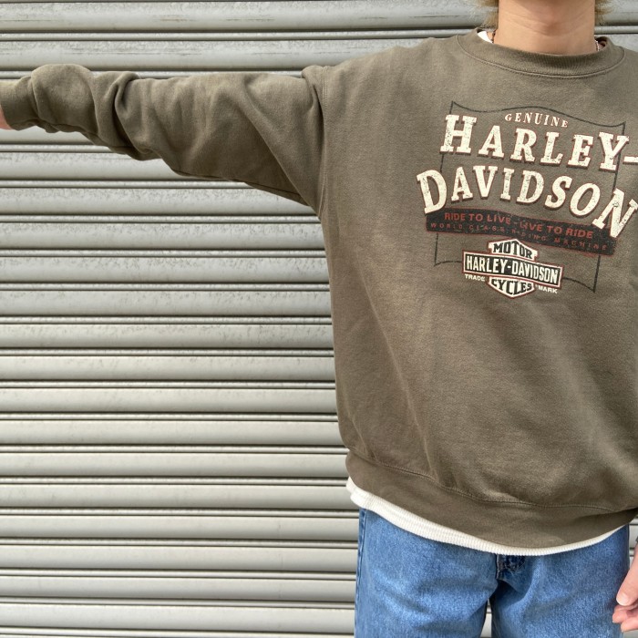 HARLEY DAVIDSON ハーレーダビッドソン　ロゴスウェット　カーキ　L | Vintage.City 빈티지숍, 빈티지 코디 정보