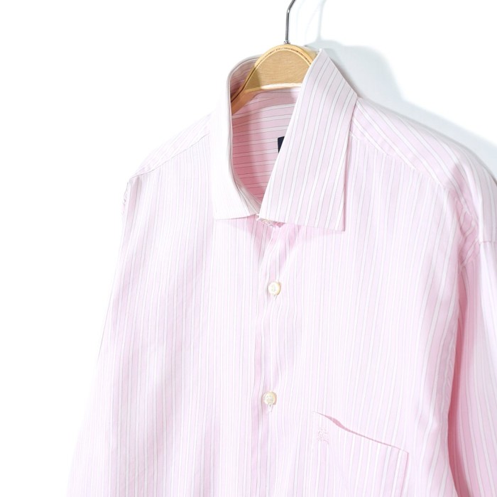 バーバリー スペイン製 ワンポイントロゴ ストライプ 長袖シャツ 薄ピンク ワイドカラー ドレスシャツ BURBERRY サイズL相当 古着 @CA1353 | Vintage.City 빈티지숍, 빈티지 코디 정보