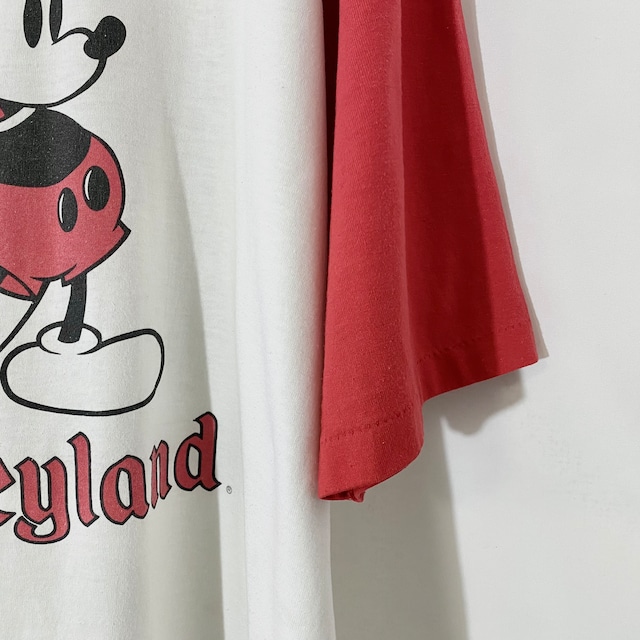 80s USA製 Disney ミッキーマウス 7部丈 ラグラン 白 赤 Tシャツ XL 