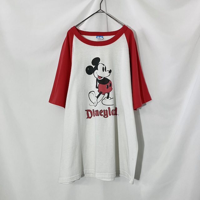 80s USA製 Disney ミッキーマウス 7部丈 ラグラン 白 赤 Tシャツ XL