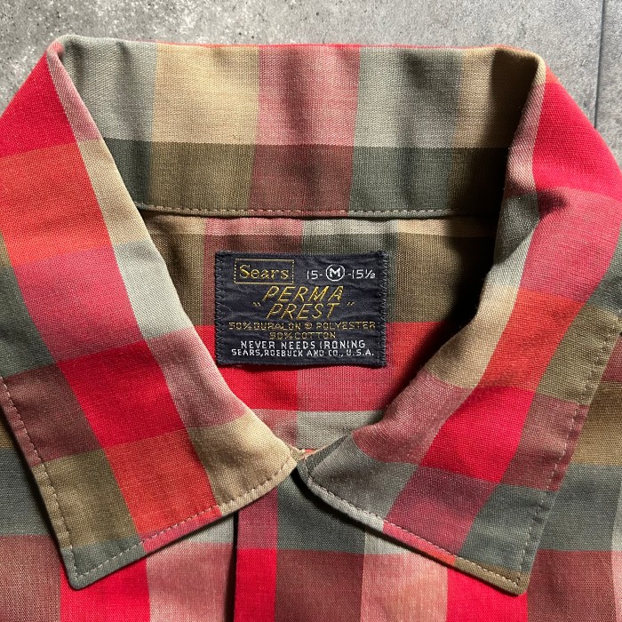 70s sears シアーズ 半袖チェックシャツ レッド×カーキ M | Vintage.City 빈티지숍, 빈티지 코디 정보