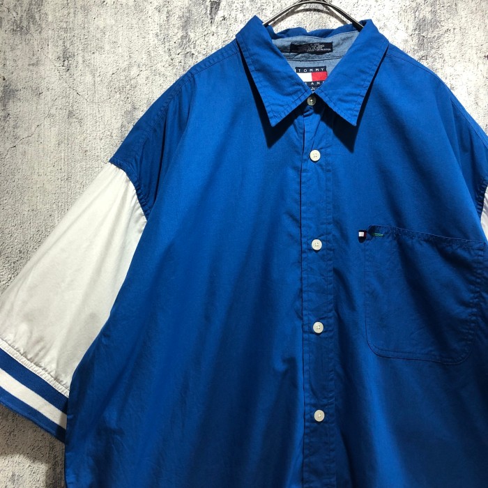 90s TOMMY HILFIGER トミーヒルフィガー 袖切替 半袖シャツ L