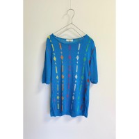 Vintage 80s retro blue×colorful pattern summer knit t shirt レトロ ヴィンテージ 古着 ブルー × カラフル 模様 サマーニット Tシャツ | Vintage.City 빈티지숍, 빈티지 코디 정보