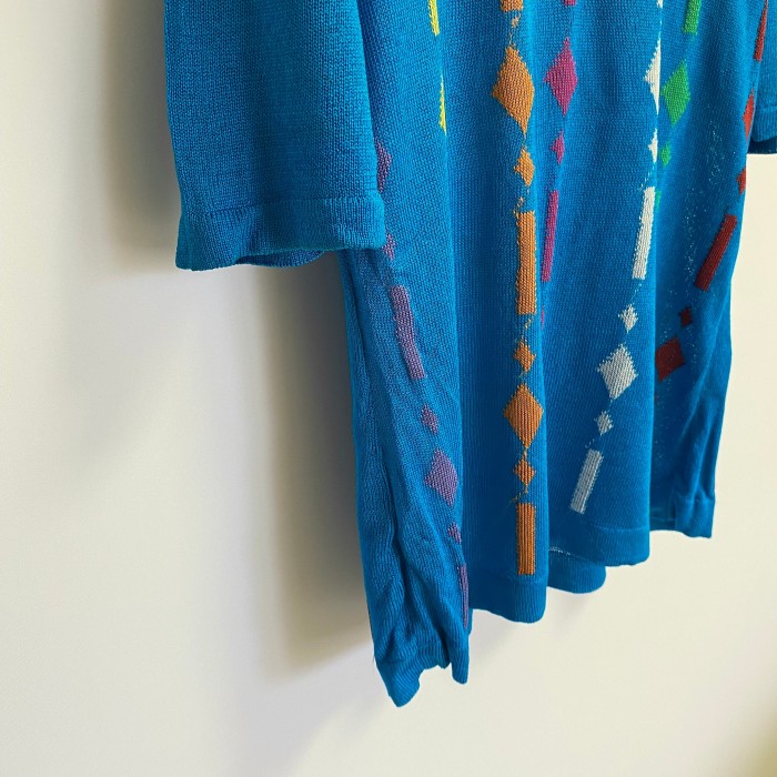 Vintage 80s retro blue×colorful pattern summer knit t shirt レトロ ヴィンテージ 古着 ブルー × カラフル 模様 サマーニット Tシャツ | Vintage.City 古着屋、古着コーデ情報を発信