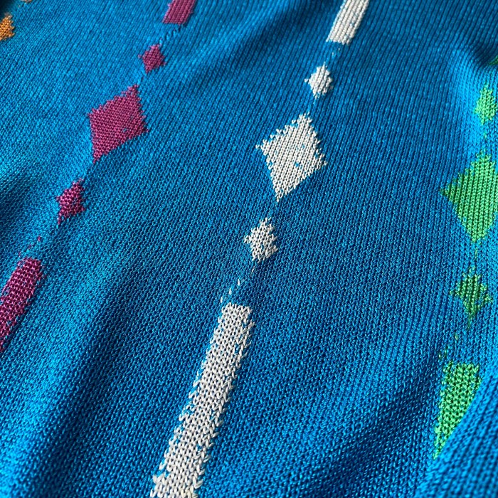 Vintage 80s retro blue×colorful pattern summer knit t shirt レトロ ヴィンテージ 古着 ブルー × カラフル 模様 サマーニット Tシャツ | Vintage.City 古着屋、古着コーデ情報を発信