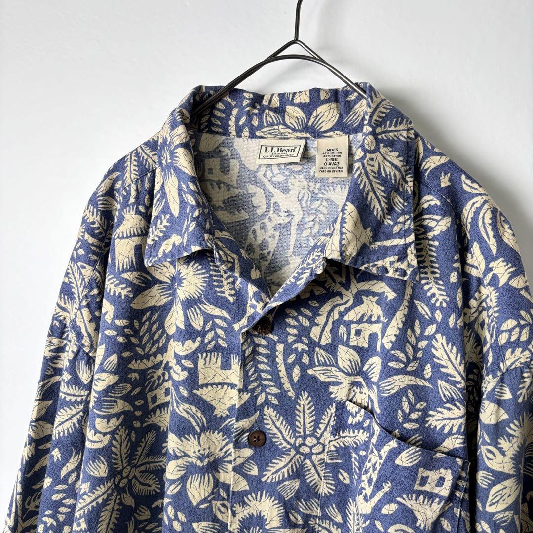 LLBean アロハシャツ 半袖 オープンカラー 開襟 総柄 レーヨン L 
