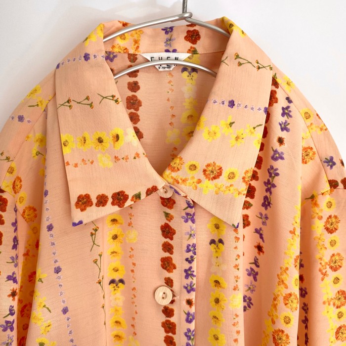 Vintage 80s retro sherbet orange flower pattern blouse レトロ ヴィンテージ 古着 シャーベット オレンジ フラワー柄 ブラウス | Vintage.City 빈티지숍, 빈티지 코디 정보