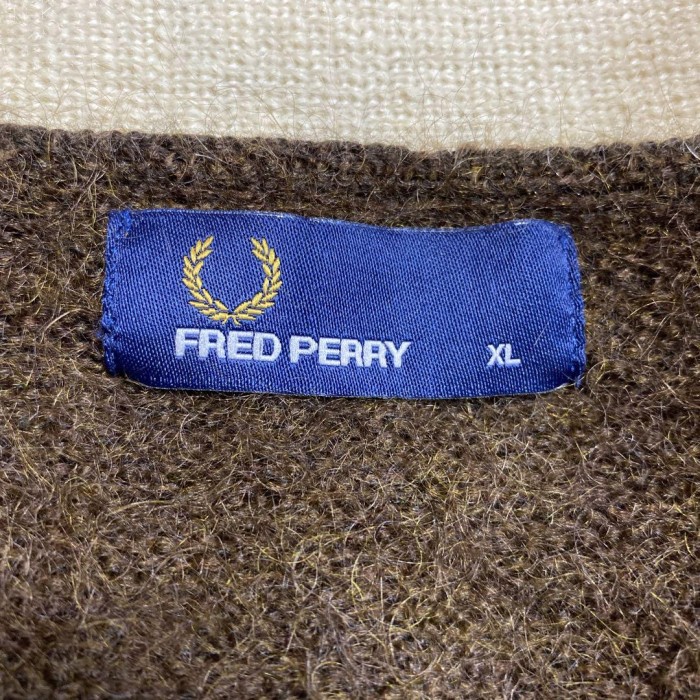 FRED PERRY mohair cardigan size XL 配送A フレッドペリー　モヘアカーディガン　刺繍ロゴ　ブラウン | Vintage.City 古着屋、古着コーデ情報を発信